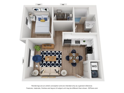 A 3D floor plan of a small apartment with a kitchen, living room, and bedroom.